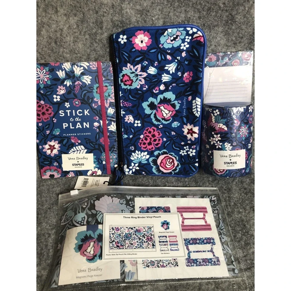 Vera Bradley Blue Floral Staples Exclusive Set‎ Stickers Pencil Case Pouches
